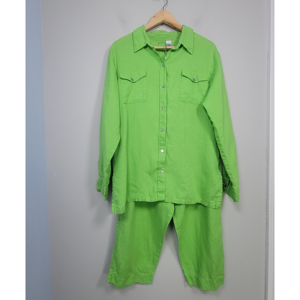 Chicos Lino Linen Womens 2 Two Piece Set Button Shirt Crop Pants Green